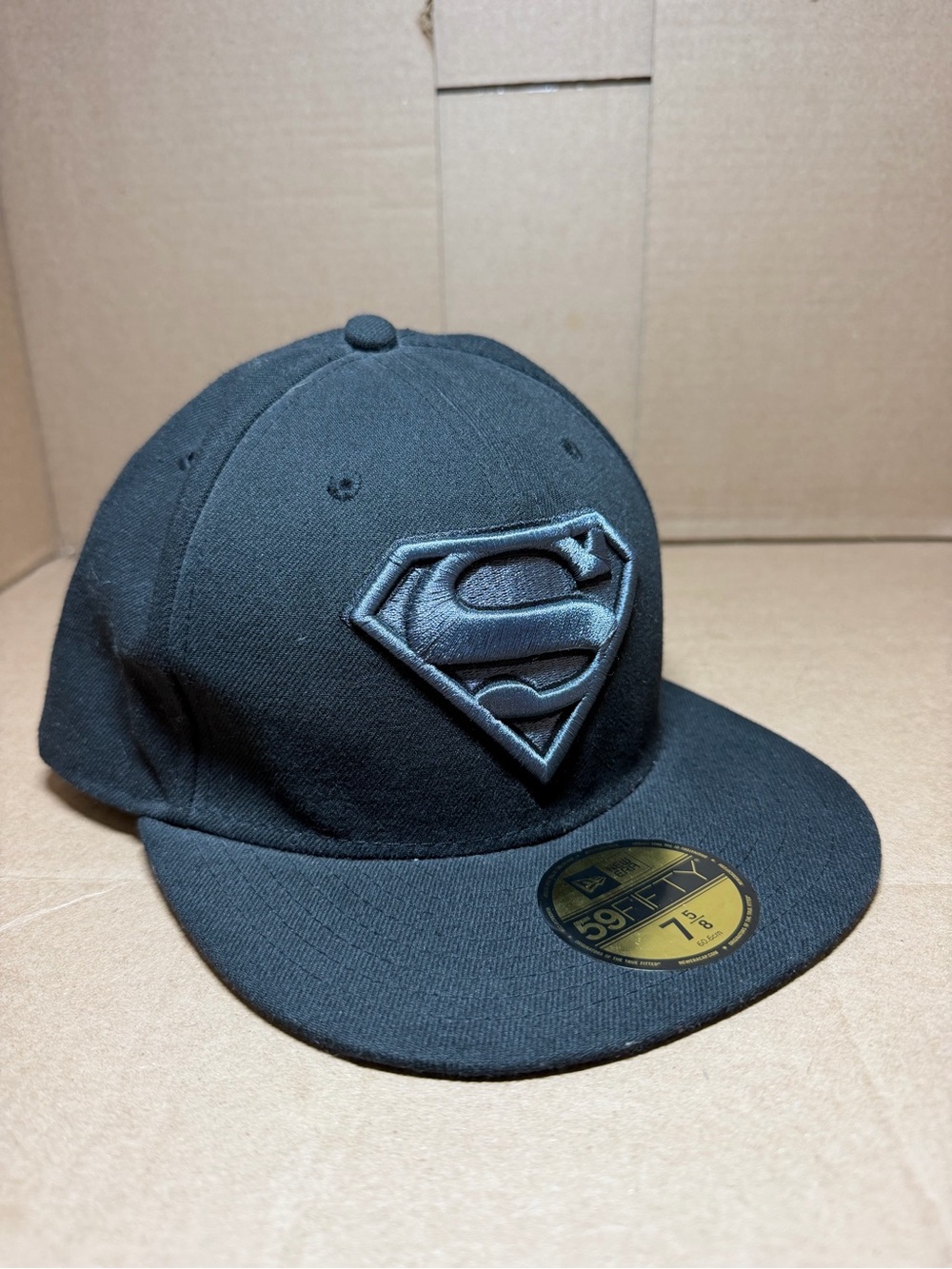 Black Superman Metallic Embroidered Flat Brim Fitted Hat 7 5/8